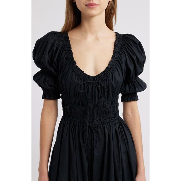 Doen Women's Black Puff Sleeve Ruffle Smocked Ischia Poplin Dress Large NWOT - Picture 7 of 16